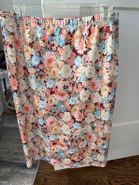 Floral Midi Skirt in Coral, Blue & Cream